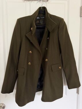 Zara Olive Green Wool Blend Coat with Gold-Tone Branding